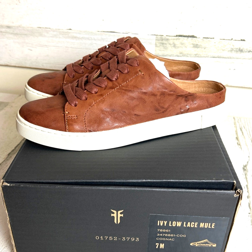 Frye Womens 7 Brown Conac Ivy Low Lace Leather Mule Slip On Sneakers NWT